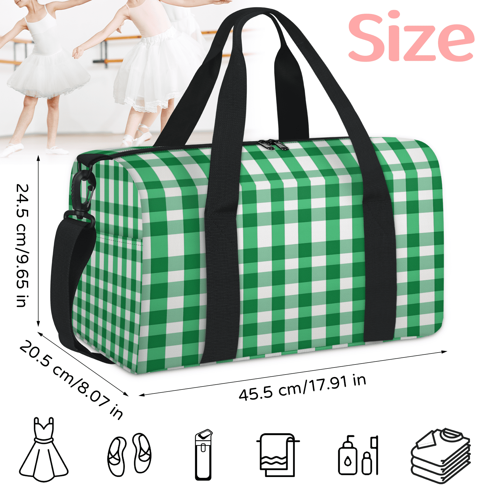 Herdesigns Green and White Checkered Gym Bag for Women, Duffle Bag for Travel Sport, Plaid Design Lightweight Waterproof Carry on Weekender Dance Yoga Workout Bags
