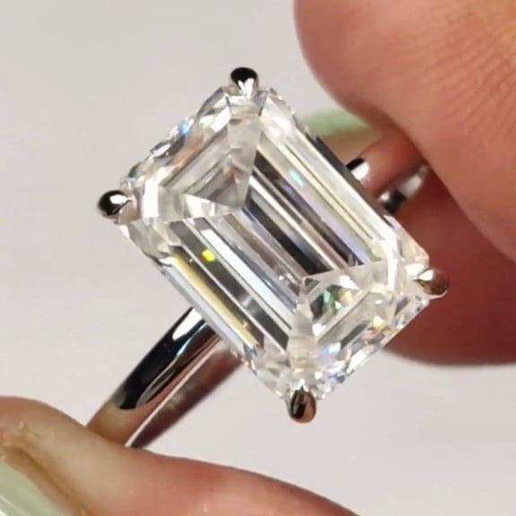 3.0Ct Emerald Cut Real Moissanite Solitaire Engagement Ring 14K White Gold Plated Silver