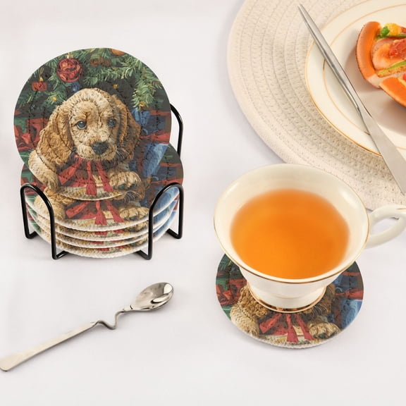 YAZAOO 6Pcs Drink Coasters With Holder 3.94Inch Puppy under Christmas Tree Creative Coil Coaster Coasters Colors Absorbent Coasters for Drinks Coasters Set Thicken Heat for Home Table