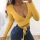 thumbnail image 2 of Top corto de tirantes cruzados de manga larga con escote en V profundo de Color sólido a la moda para mujer Fridja  bvmnju4327, 2 of 7