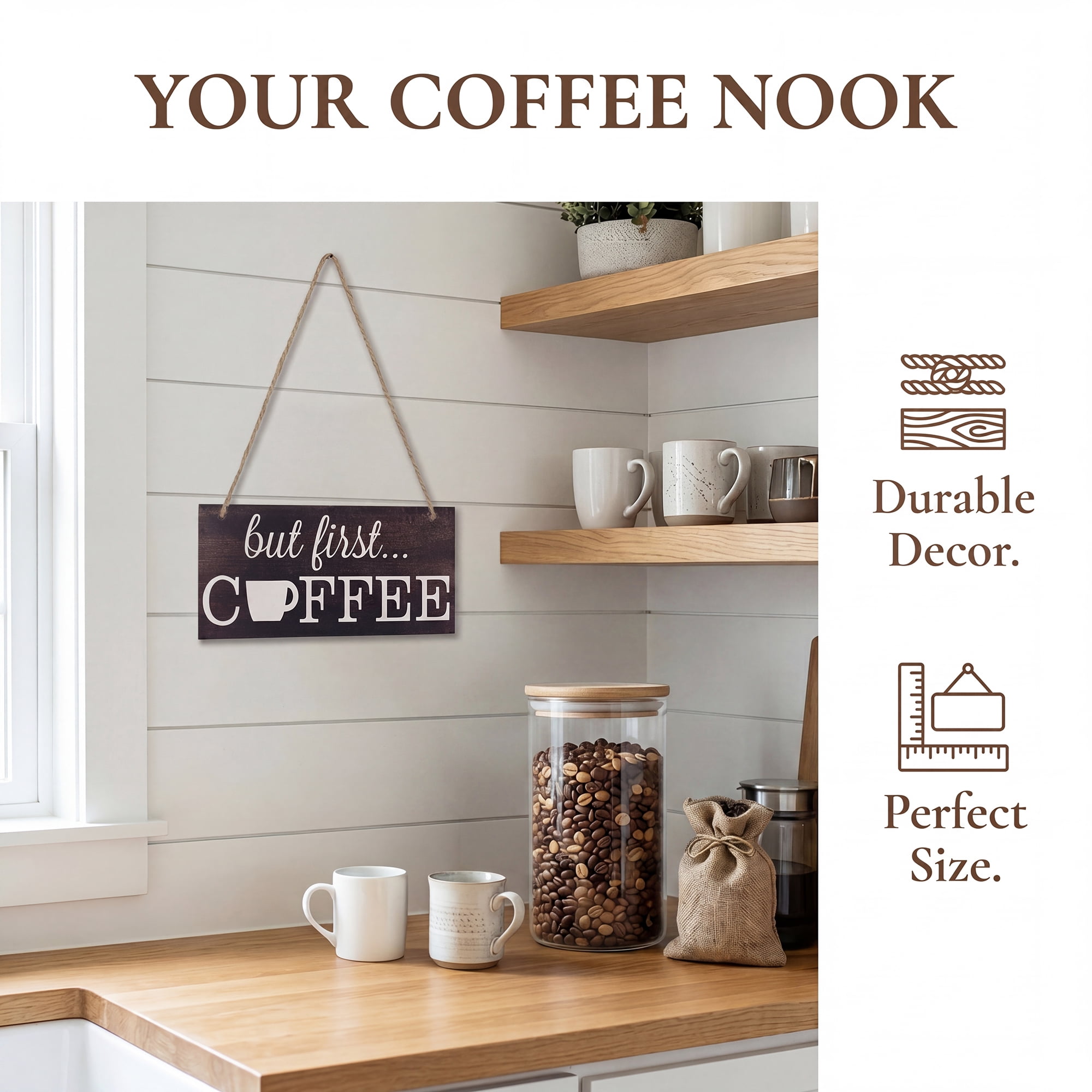 Unique Bargains Coffee Bar Sign Station Decor Rustic Wood Hanging Plaque Style H 3.9in