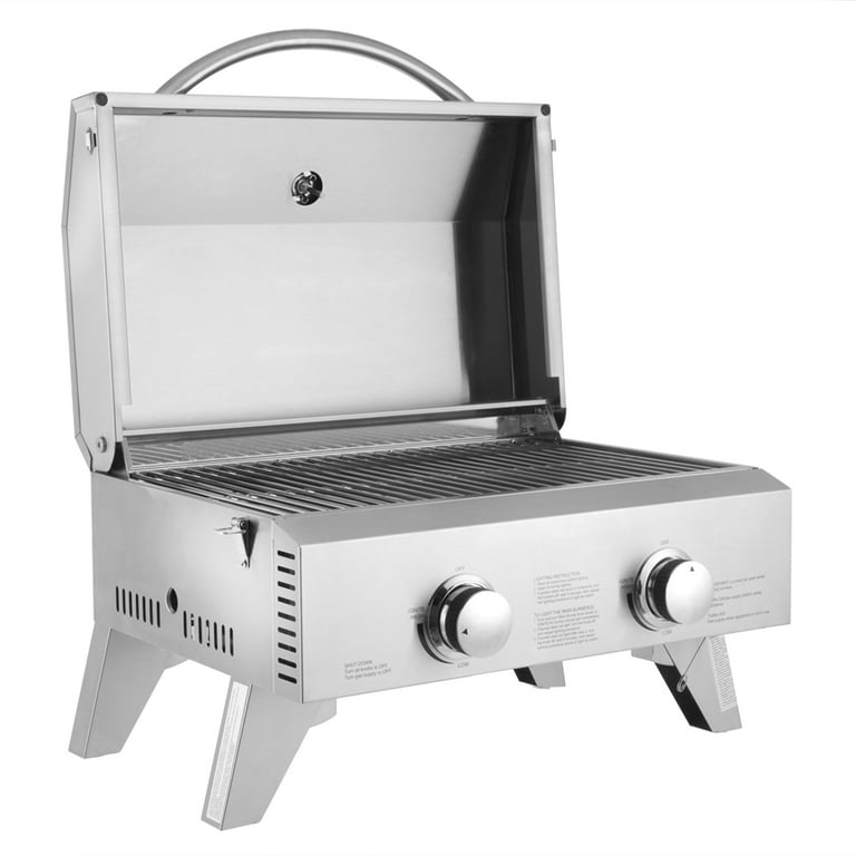 Smokeless Grill Indoor Tabletop LPG Grill Height Adjustable 2 Burners BBQ  Stove Compact Protable Small Grill, 13.9x16.53x7.67,Stainless Steel