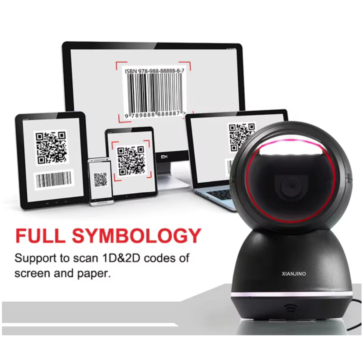 XIANJINO High Speed Square Desktop Barcode Scanner 1D 2D QR Code Bardcode Reader Accurate Code Scanning USB Interface Automatic Barcode Scanner for Supermarket Warehouse