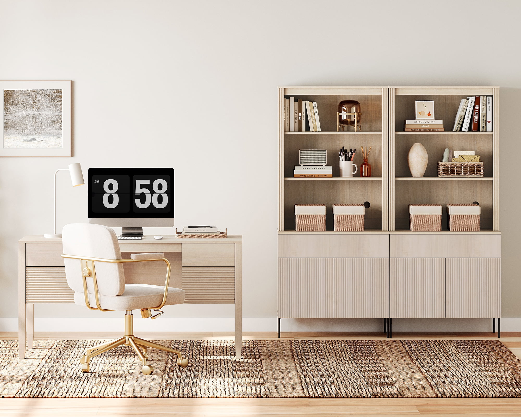 WAMPAT 3 Piece Living Room Furniture Set, 58" Console Table with 2 71.5" Tall Bookcases, 1 Drawer and Double Door Storage Cabinets, Adjustable Shelves, Modern Fluted Bookcase Set for Living Room
