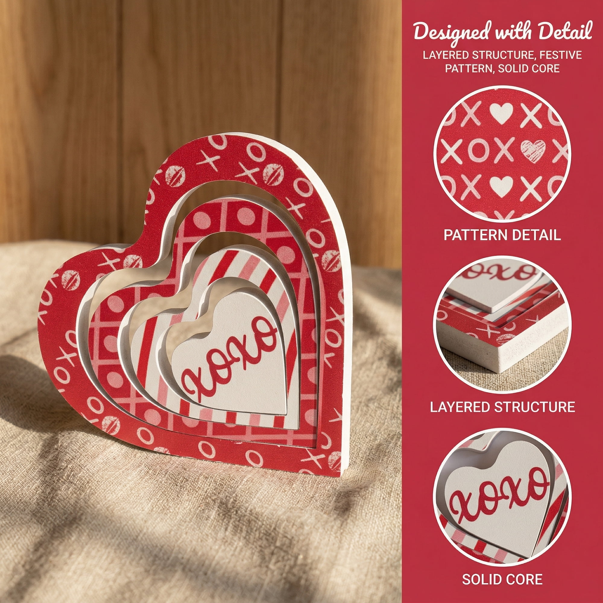 Unique Bargains Wooden Heart Table Decor Removable Stackable Heart Sign Style E 5.1in