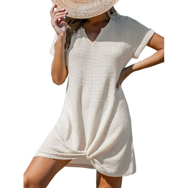 Cache-maillots pour Femmes à Manches Courtes, Maillot de Bain Décontracté, Bikini, Tenue de Plage, Robe de Plage, S-TTG Abricot TTG