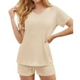 thumbnail image 2 of Qylux Pajamas for Women Set Ribbed Knit Sleepwear Set Summer Short Sleeve Top and Shorts 2 Piece Lounge Set with Pockets,Apricot,XL, 2 of 9