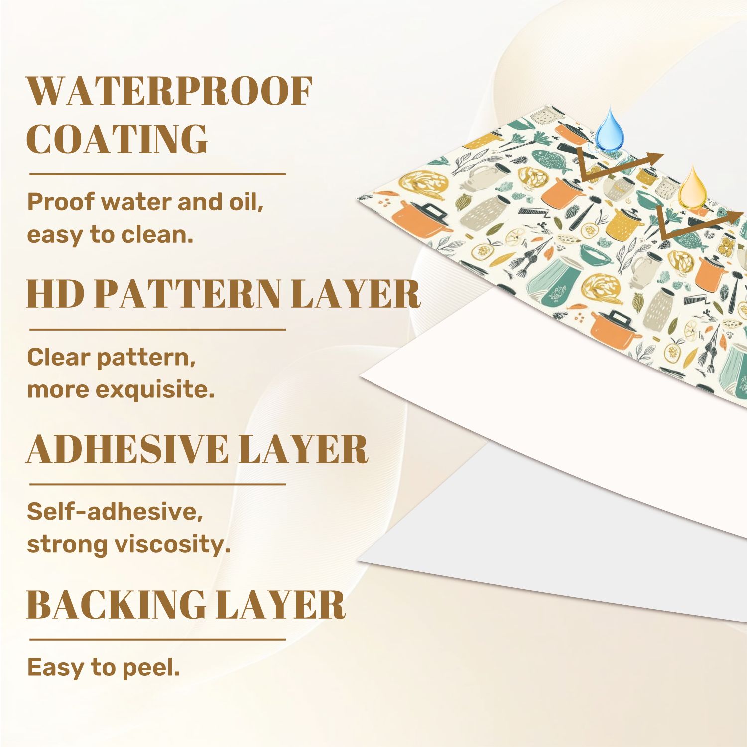 Peel and Stick Wallpaper 17.7in x 9.8ft Kitchen Utensils Food Ingredients Warm Tones Contact Paper Vinyl Self-Adhesive Removable Wall Paper for Bedroom DIY Home Decor Renter Friendly
