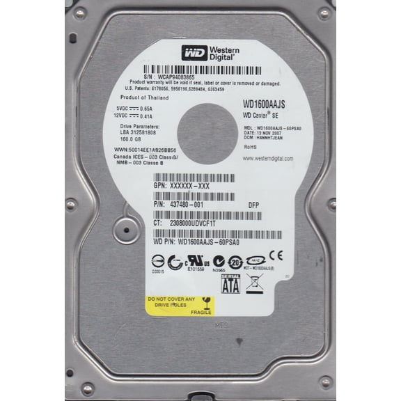 WD1600AAJS-60PSA0, DCM HANNHTJEAN, Western Digital 160GB SATA 3.5 Hard Drive