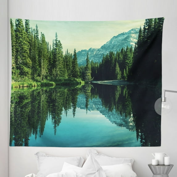 Park Tapestry, Tree and Mountain Reflections on Calm Water, Fabric Wall Hanging Decor for Bedroom Living Room Dorm, 5 Sizes, Olive Green Seafoam, by Ambesonne