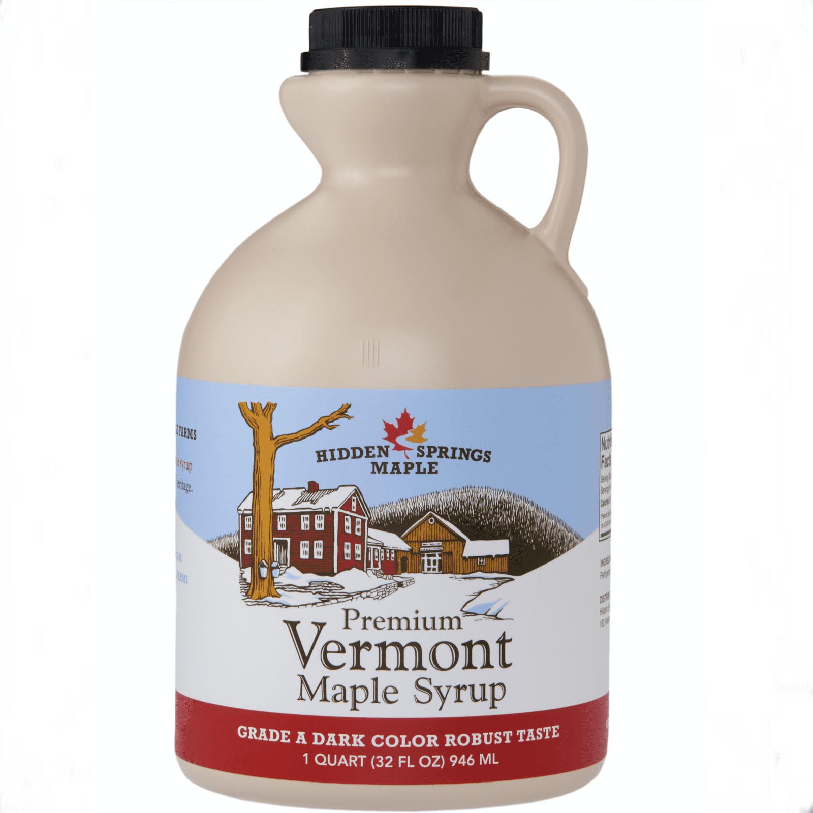 Hidden Springs Maple 100% Natural Vermont Maple Syrup, Grade A Dark Robust (Formerly Grade B), Quart