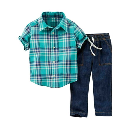 Carters Infant Boys 2-Piece Blue Plaid Woven Shirt & Denim Pants Set 3m