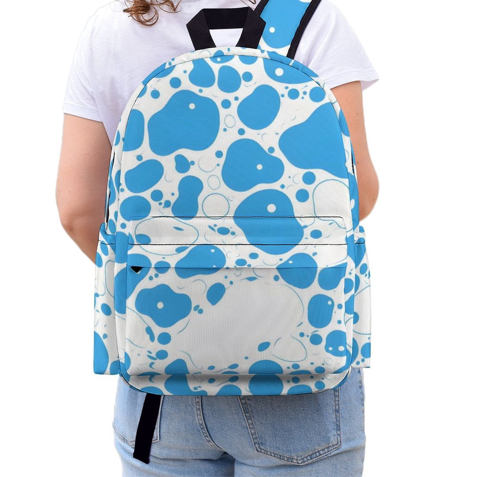 Large Capacity Half Print Backpack 11.8×16.5×5.9in Multifunctional Zipper Design Convenient Switch Milk Cow Skin Print Style PowDerBlue_3