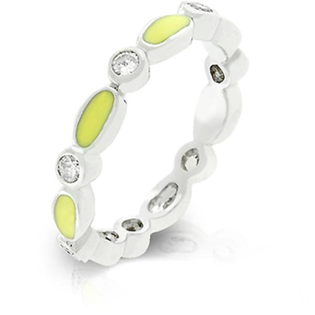 Kate Bissett R07881R-V61-06 Genuine Rhodium Plated Link Style Stacker Ring with Yellow Enamel Finish and Bezel Set Round Clear CZ in Silvertone - Size 6