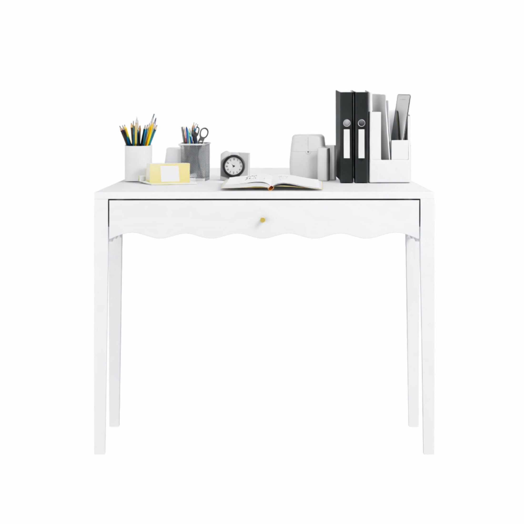 Noble House Vanity Desk with Drawer, Modern Makeup Table with Scalloped Wave Front, Small Space, White