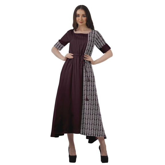 Moomaya Women Printed Short Sleeve Viscose Santoon Drawstring Waist Midi Dress