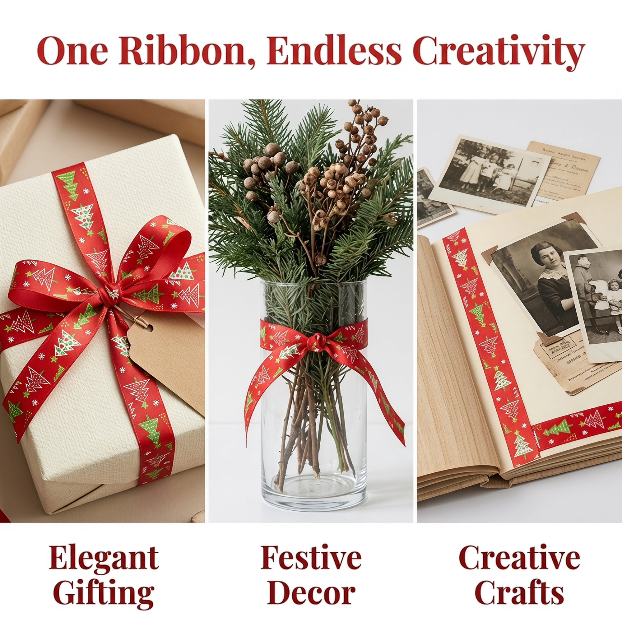Unique Bargains Premium Fabric Ribbon for Gift Wrapping Red Tree Pattern 5.5 Yard