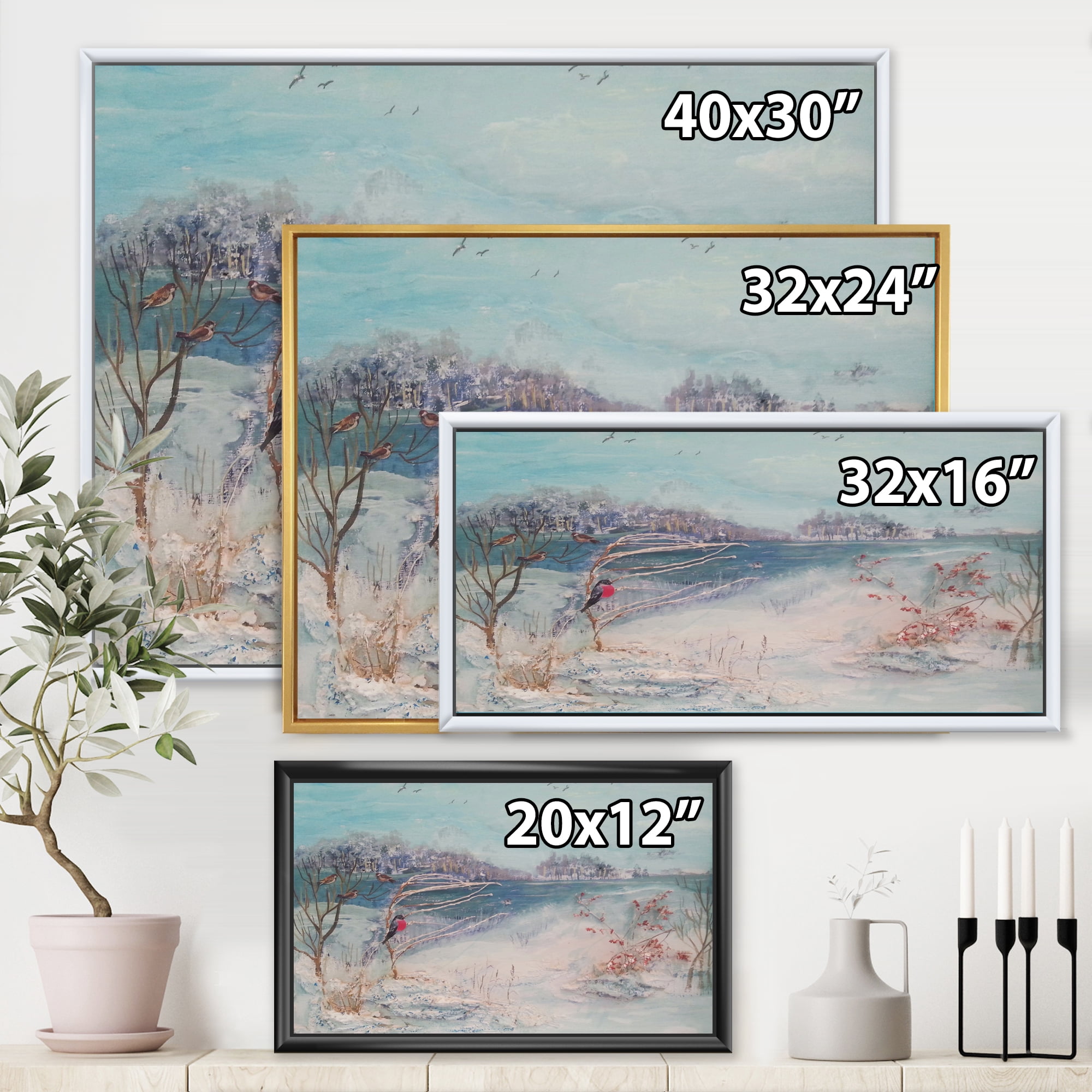 Designart 'Birds and Winter Trees By River' Lake House Framed Canvas Wall Art Print