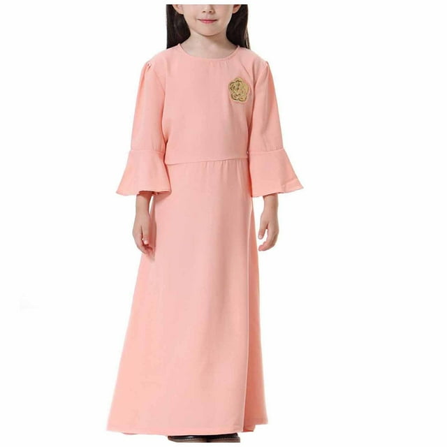 Birdeem Robe Longue Musulmane Moyenne Grande Fille Manches Longues Col en V Robe à Blocs de Couleur