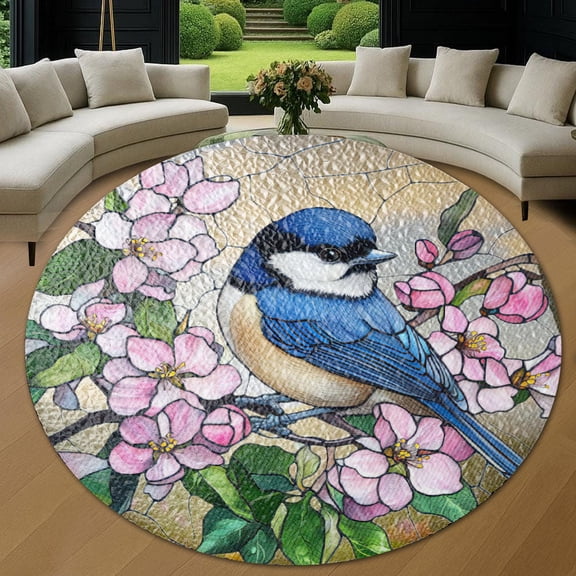 Circle Area Rug, Chickadee Washable Non-Slip Floor Carpet, Soft Rug for Living Room Bedroom Decor 24 Inch
