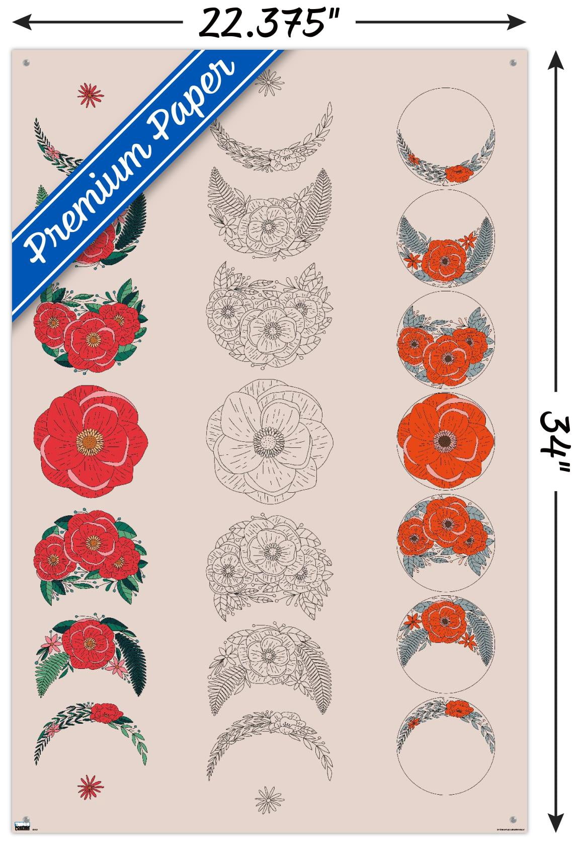 Floral Phases of the Moon Wall Poster with Pushpins, 22.375" x 34"