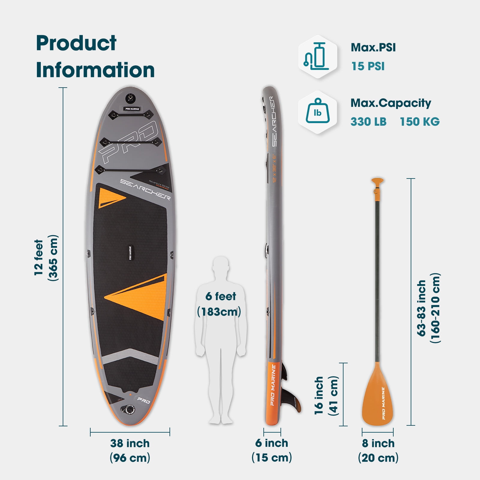 PRO MARINE 12' Inflatable Stand up Paddle Boards Adjustable Paddle SUP Carry Bag & Fast Pumping Orange