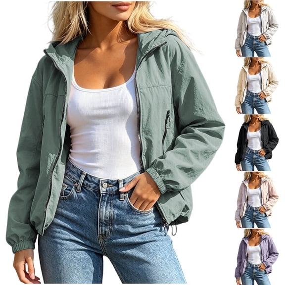Husipze Women's Lightweight Full Zip Cropped Jacket Outdoor Long Sleeve Sun Protection Solid Color Hooded Hiking Jacket Windbreaker Pink XXXL