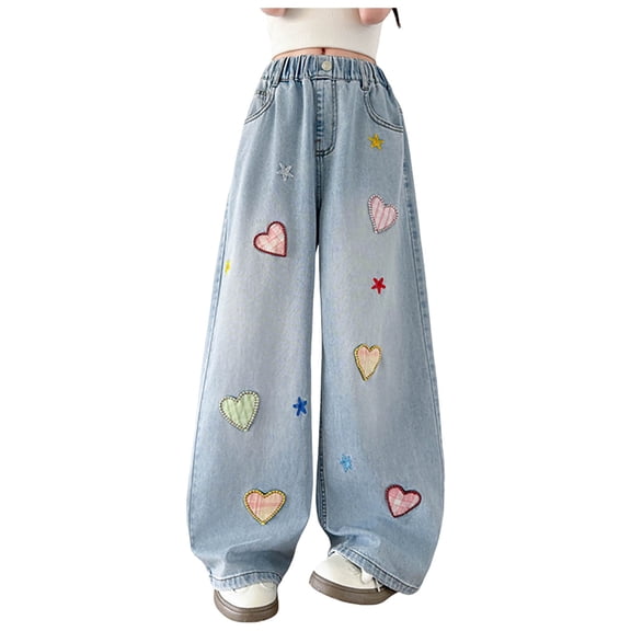 UYYX Jeans Girls Girls Elastic Waist Wide Leg Denim Jeans Colorful Plaid Heart Star Patches Loose Fit Pants for Spring Autumn（Light Blue,11-12 Years）