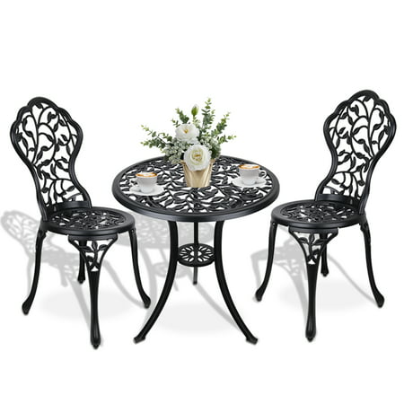 Bistro Table Set Outdoor Patio Set 3 Piece Table and Chairs Vine Leaves Carving and Weather Resistant-Antique Black
