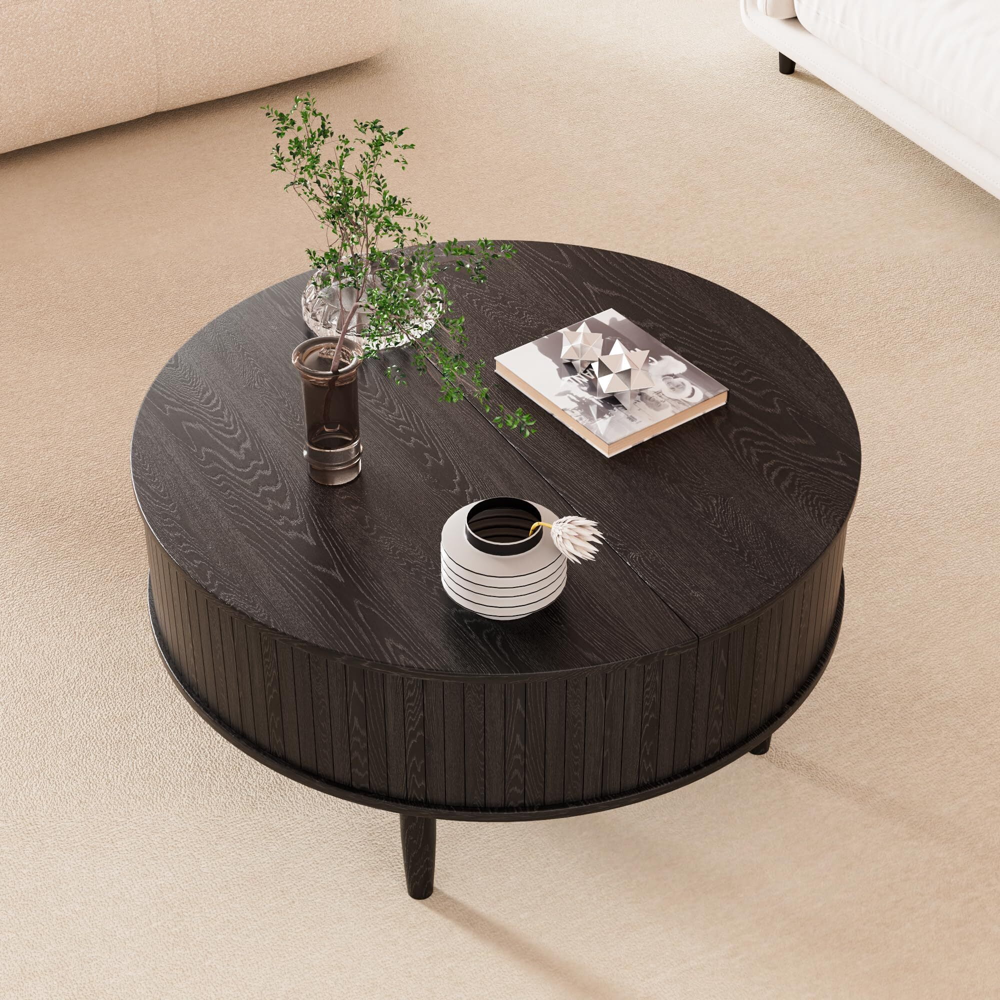Fsbecl Mid-Century Fluted Wood Coffee Table with Storage, Black