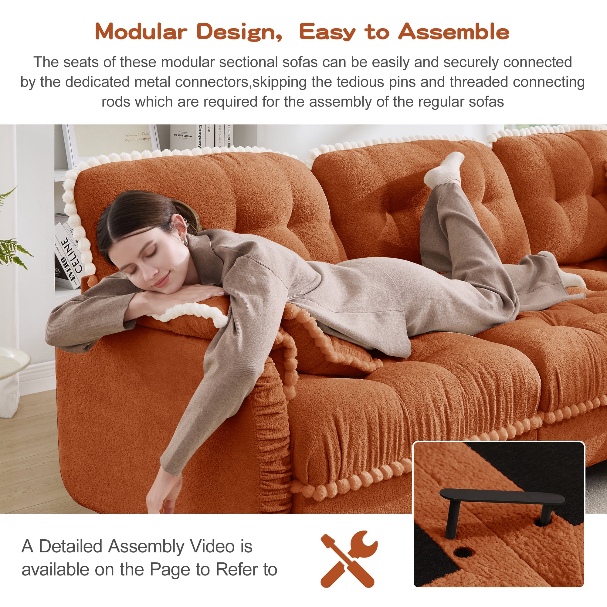 Anpport 131" Chenille Cloud 4‑Seater Sofa with 4 Pillows, Pom‑Pom Trim, Quilted Tufted Ergonomic, Easy Assembly Deep Seat for Living Room Apartment, Orange