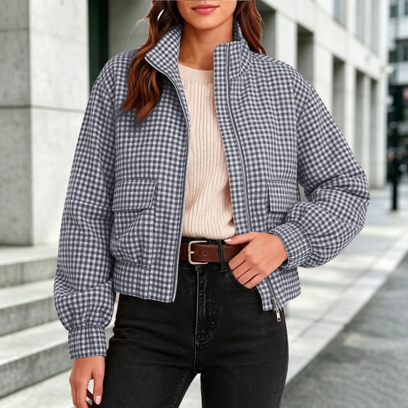 MOONDU Women's Gingham Plaid Zip Up Jacket Stand Collar Long Sleeve Cropped Bomber Coat with Pockets, Casual Loose Fit Lightweight Outerwear for Fall Spring Daily Wear