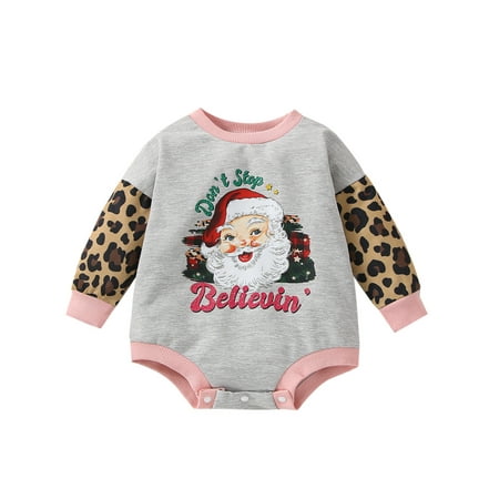 

Infant Baby Girls Christmas Romper Letter Santa Leopard Print Patchwork Round Neck Long Sleeve Jumpsuits Bodysuits