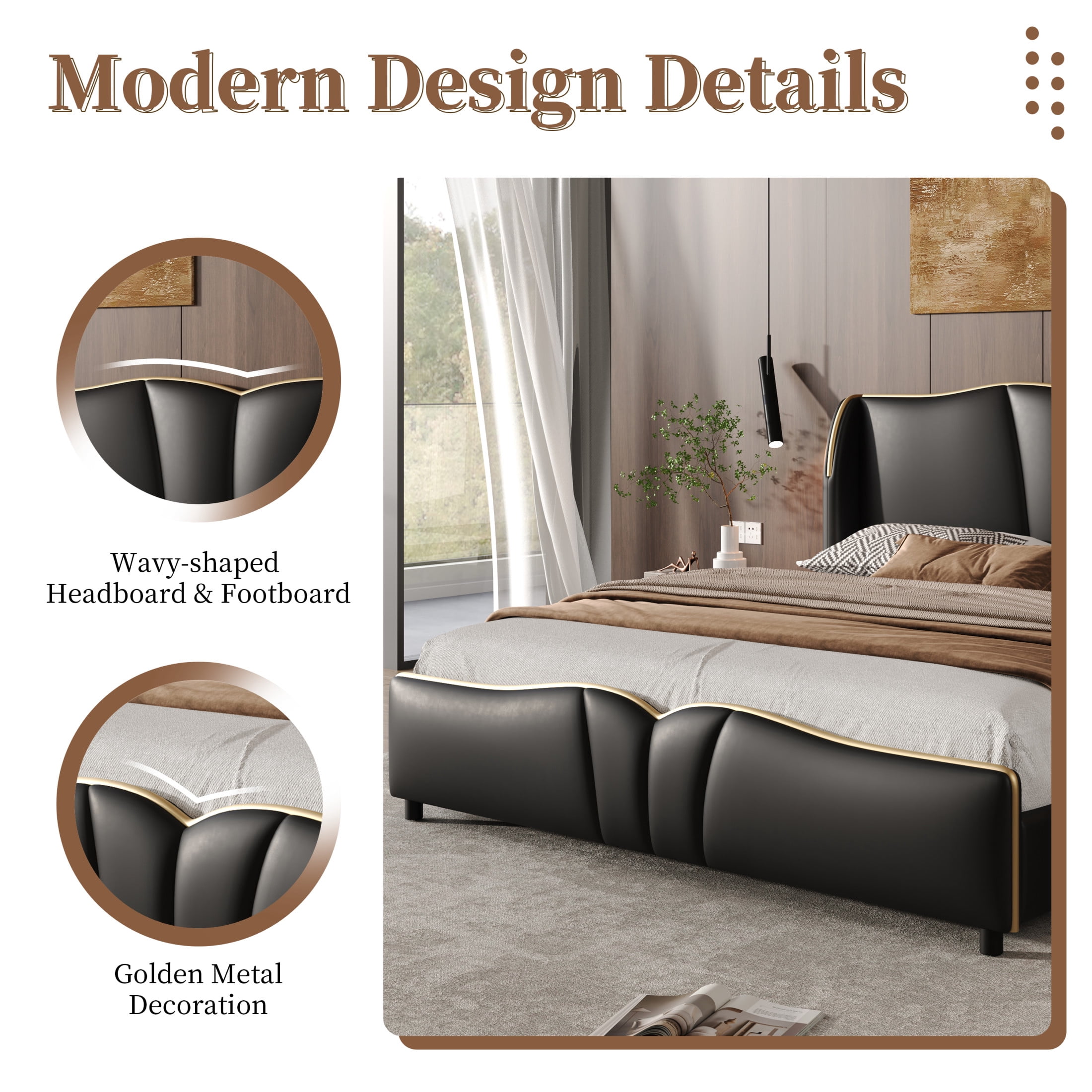 Christopher Knight Home Luxury PU Upholstered Queen Bed Frame with Wingback Headboard, Black