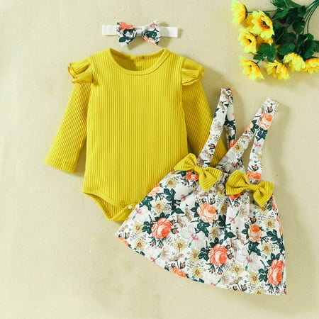 

CaComMARK PI Newborn Infant Baby Girl Clothes Spring Fall Outfits Infant Romper Long Sleeves Tops Dress Cute Headband 3Pcs Outfit Set 0-12 Months clearance items