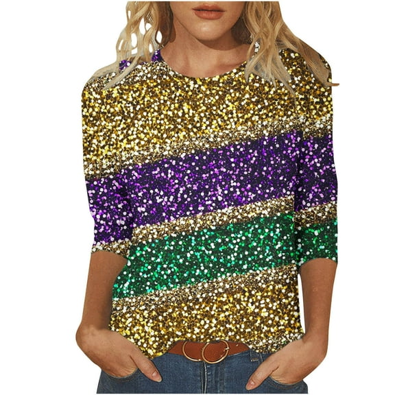 miqiqism Women Striped Shirts Loose Tunic Tops Tees 3/4 Sleeves O-Neck Pullover Blouse Carvinal Sparkle Mardi Gras Costume,01 Purple,Medium