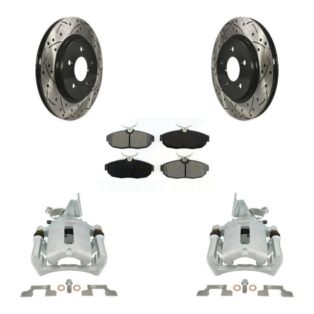 Transit Auto Rear Disc Brake Coated Caliper Drilled Slotted Rotors and Semi-Metallic Pads Kit for Car Ford Mustang KCD-100634S