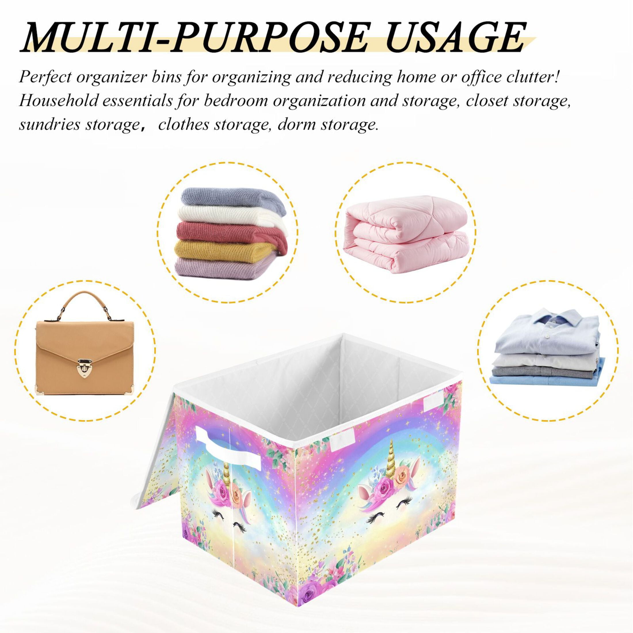 Ryvnso Unicorn with Rainbow Large Lidded Foldable Storage Baskets Cubes Boxes Lids Bin for Home