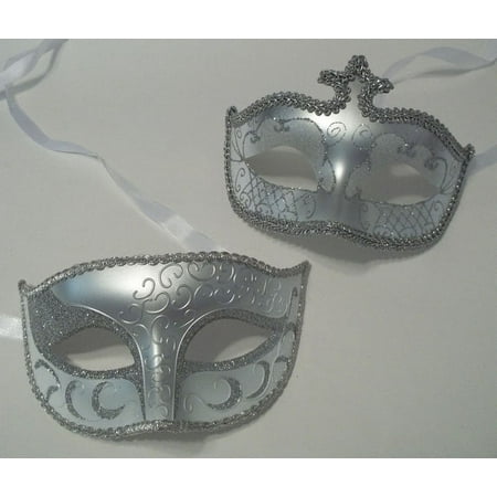 White Silver Couples Man Woman Masquerade Mardi Gras Masks Male Female Wedding