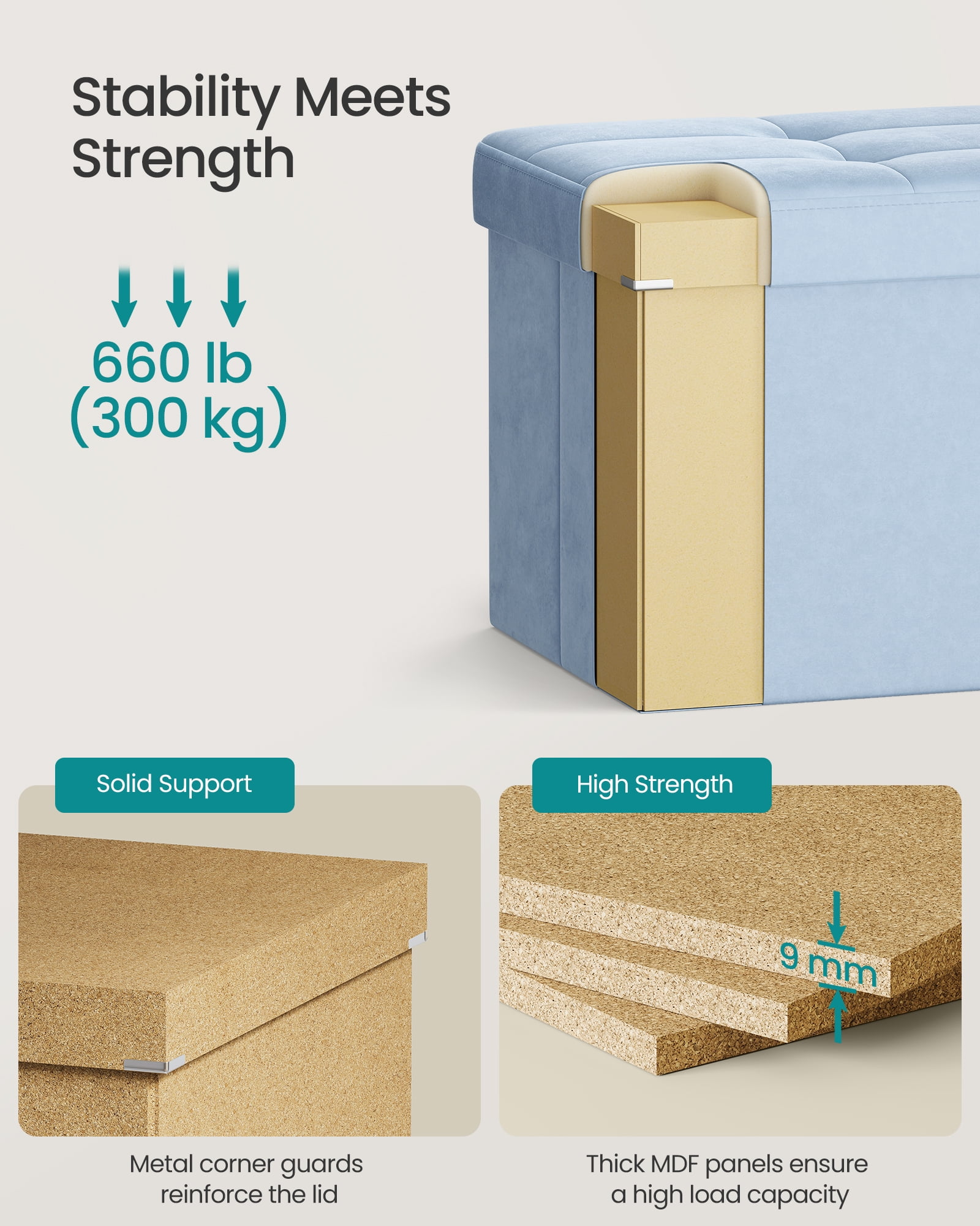 43 Inch Storage Ottoman, Foldable Velvet Bench with Flipping Lid & 660 lb Capacity, 35 Gal Storage for Living Room Bedroom, Pale Blue