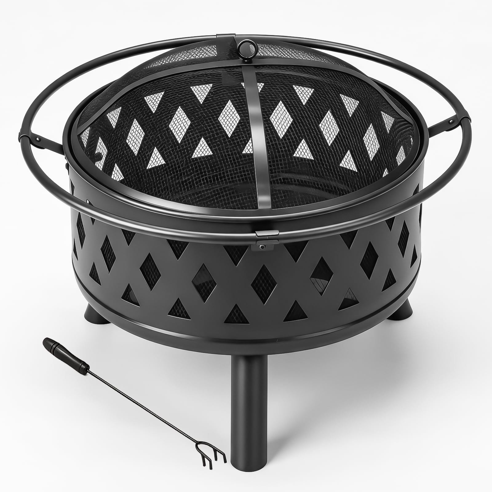 30 Inch Round Outdoor Wood Burning Fire Pit, Heavy Duty Wrought Iron Firepit with Hinged Spark Screen Lid & Lift Ring, Decorative Diamond Cutout Patio Fire Pit for Backyard, Garden, Lawn and Camping