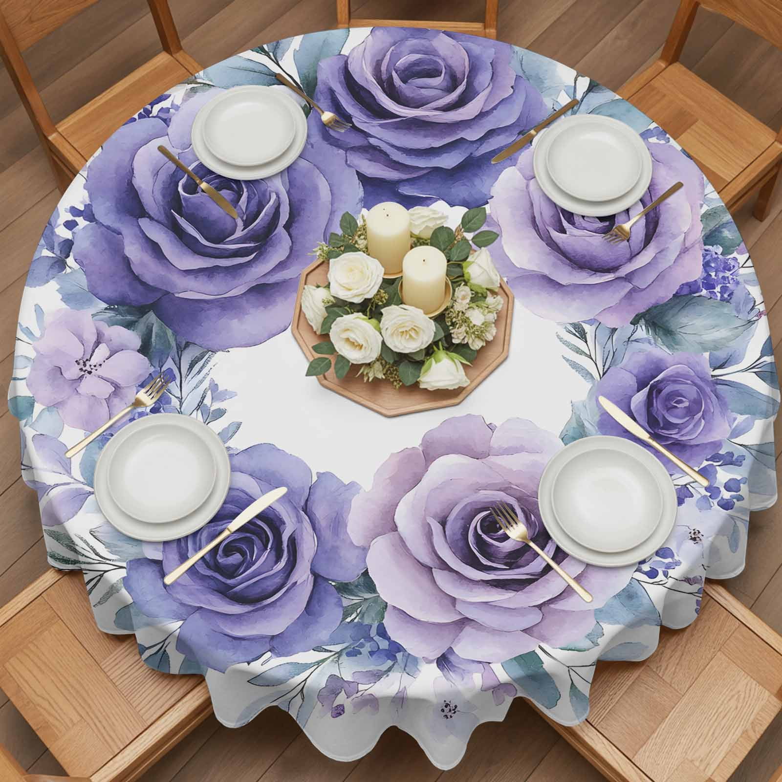 Round Tablecloth Purple Rose Waterproof Oil Proof Polyester Table Cloth Cover Decor for Home Dining Outdoor,Patio,Parties, 60" Dia. Watercolor Rustic Wreath