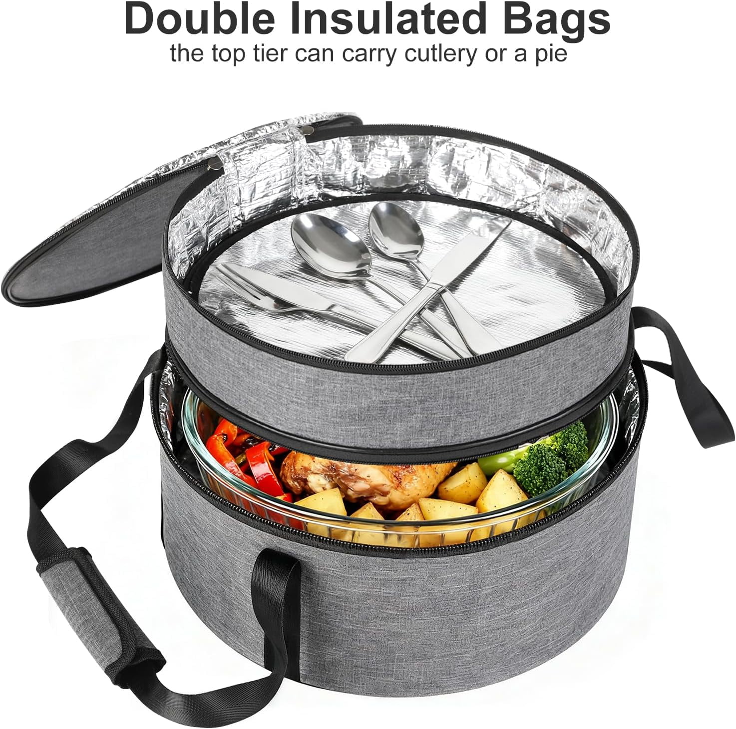 Ming Chen Insulated Casserole Carrier, Round Pie Carrier with Metal Support, Dish Carrier for Hot or Cold Food, Transport Pie Holders Pie Carrying Case, 2 Tiers