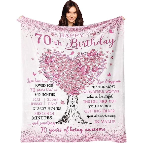70th Birthday Gifts Pink Butterfly Heart Tree Print Soft Warm Flannel Throw Blanket for Women Happy Birthday Gift for Grandma Mom Her