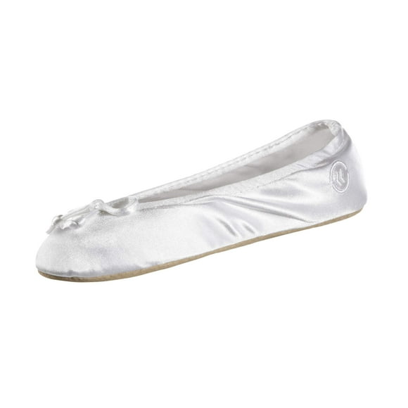 Isotoner Ballerina Slippers for Women – Soft Satin House Shoes with Bow and Suede Sole – Classic Comfy Travel and Bedroom Slippers – Cute Bridal Party Slippers, White Soft Tie Bow, 8-9