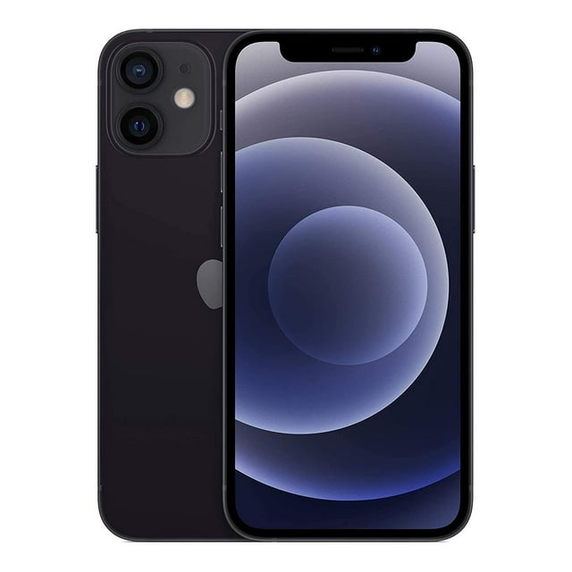 iphone 12 mini 64gb rom negro reacondicionado Grado A, vista frontal y trasera centrada sobre fondo blanco; smartphone negro con pantalla Super Retina XDR OLED 5.4" (2340 x 1080 px, 476 ppi), notch TrueDepth, doble cámara trasera 12MP, 64GB de memoria y chip A14 Bionic, desbloqueado; su batería supera el 80 % de capacidad. A menudo usado como teléfono compacto para viajes o como dispositivo secundario.