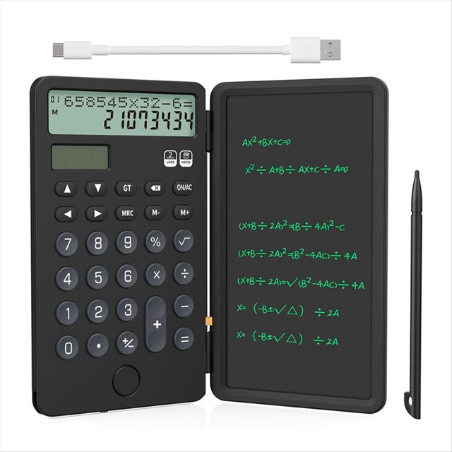 Calculadora Portátil con Bloc de Notas, Pantalla Grande de 12 Dígitos y 2 Líneas, Recargable con Energía Solar, para Oficina.