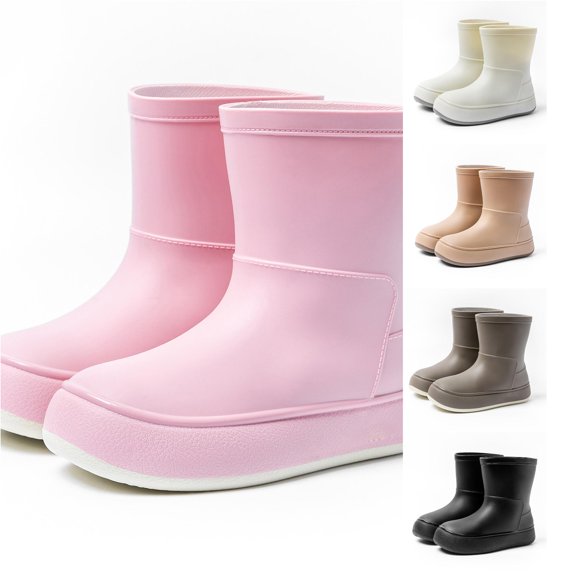 GobdXE Solid Mid Calf Rain Boots Waterproof Nonâ Thick Platform Sole Short Rain Booties Easy On off Outdoor Mud Boots for Boys Girls Pink,17-18 Years