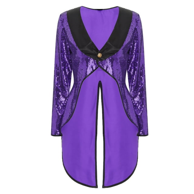 iiniim Costumes de Maître de Cirque pour Femmes Robe de Magicienne à Paillettes à un Bouton Veste Queue-de-Pie Violet