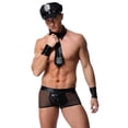 thumbnail image 4 of Conjunto de ropa interior sexy para hombre con costuras de malla de charol negro, bombero azul marino cos, 4 of 5
